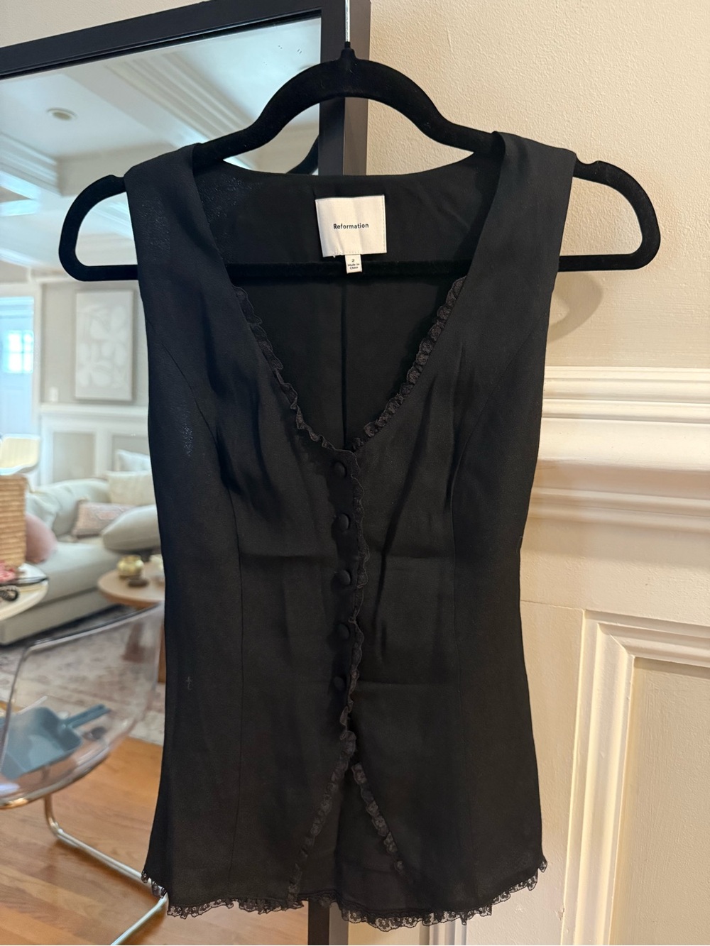 Reformation Black Strapless Lace-Trim Button Front Dress